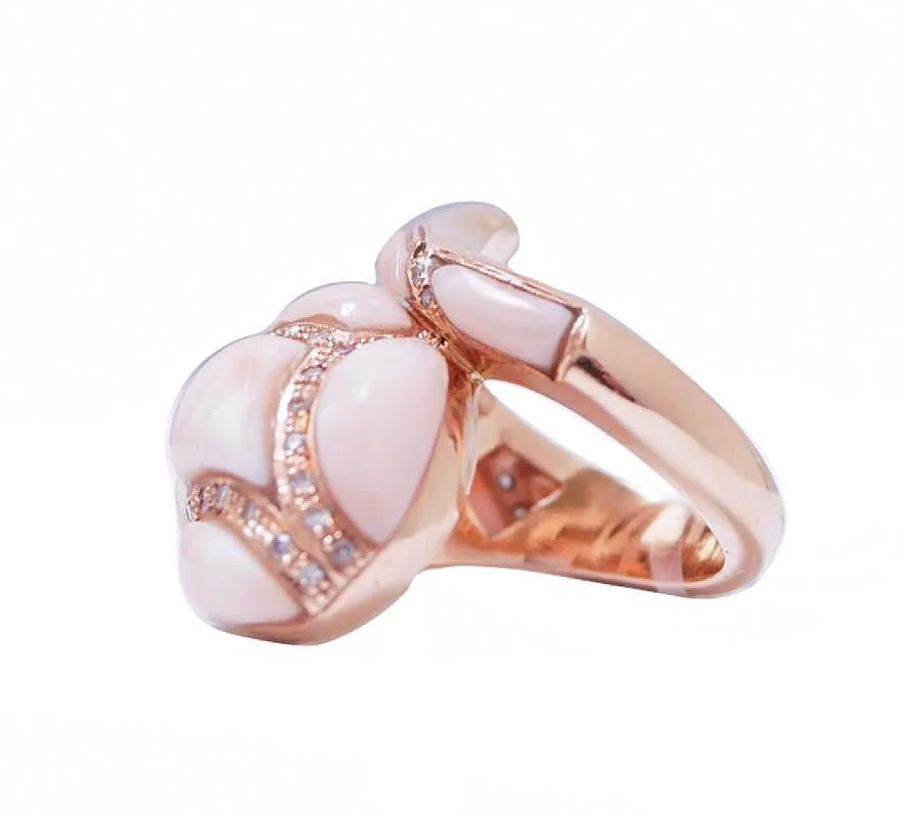 Coral, diamonds, 14 Karat rose gold snake ring, 1950s 2