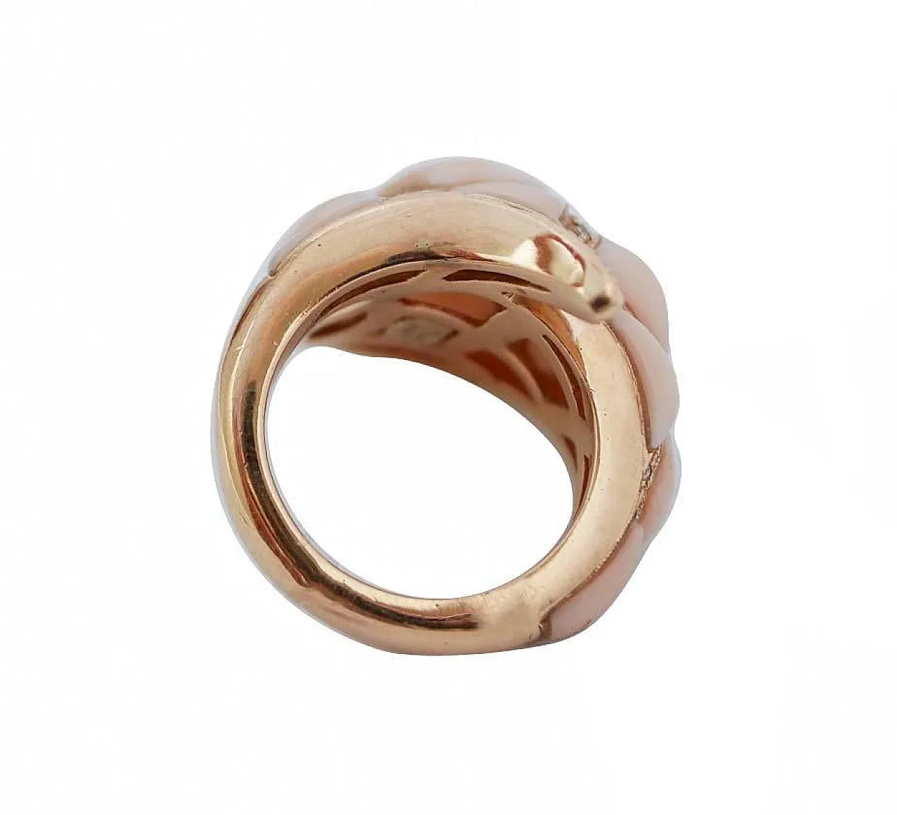 Coral, diamonds, 14 Karat rose gold snake ring, 1950s 4