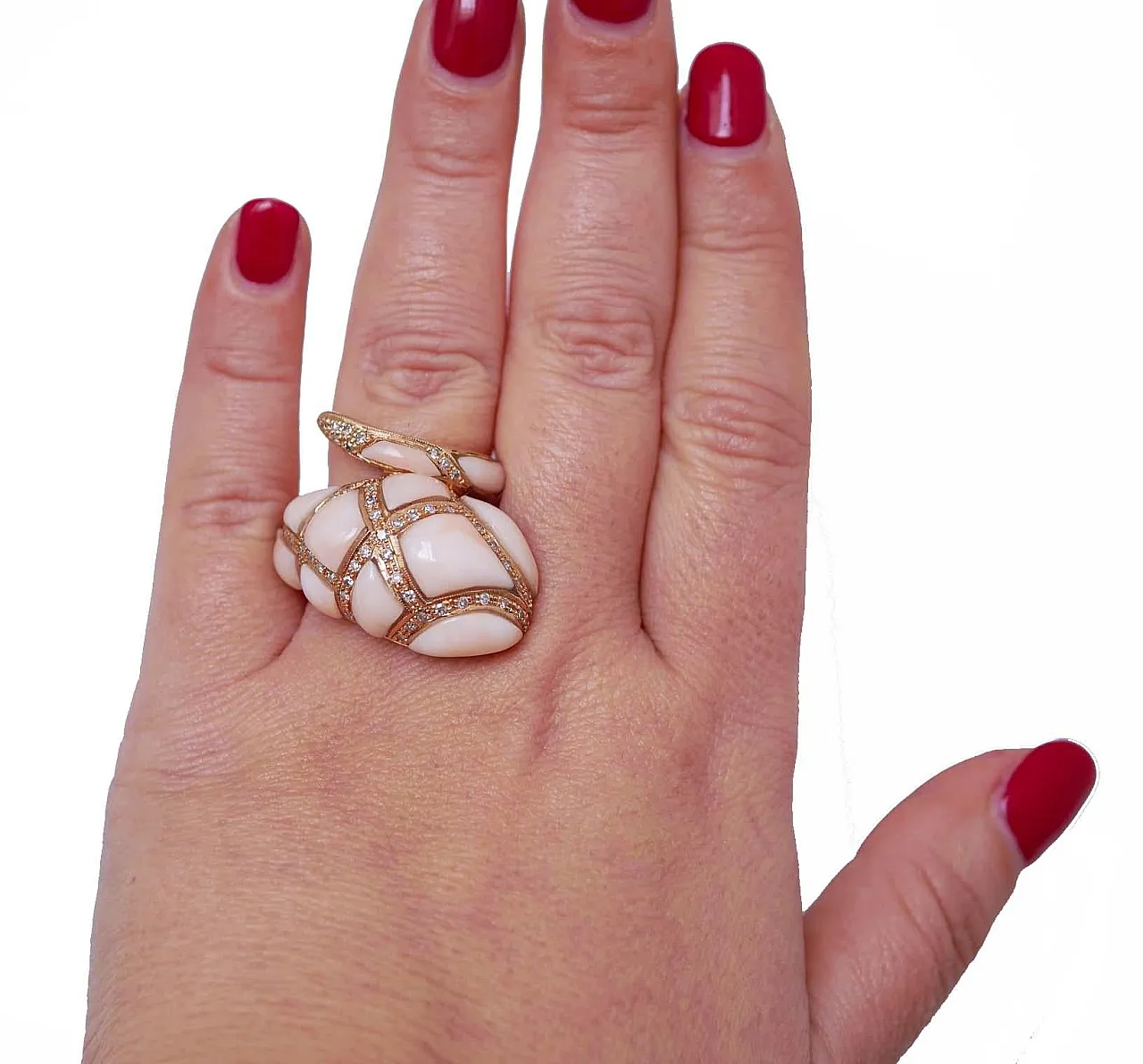 Coral, diamonds, 14 Karat rose gold snake ring, 1950s 5