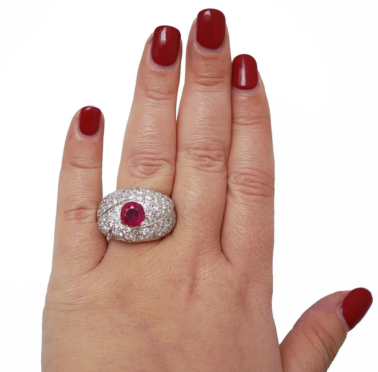 Ruby, diamonds, 14 karat white gold ring, 1960s 4