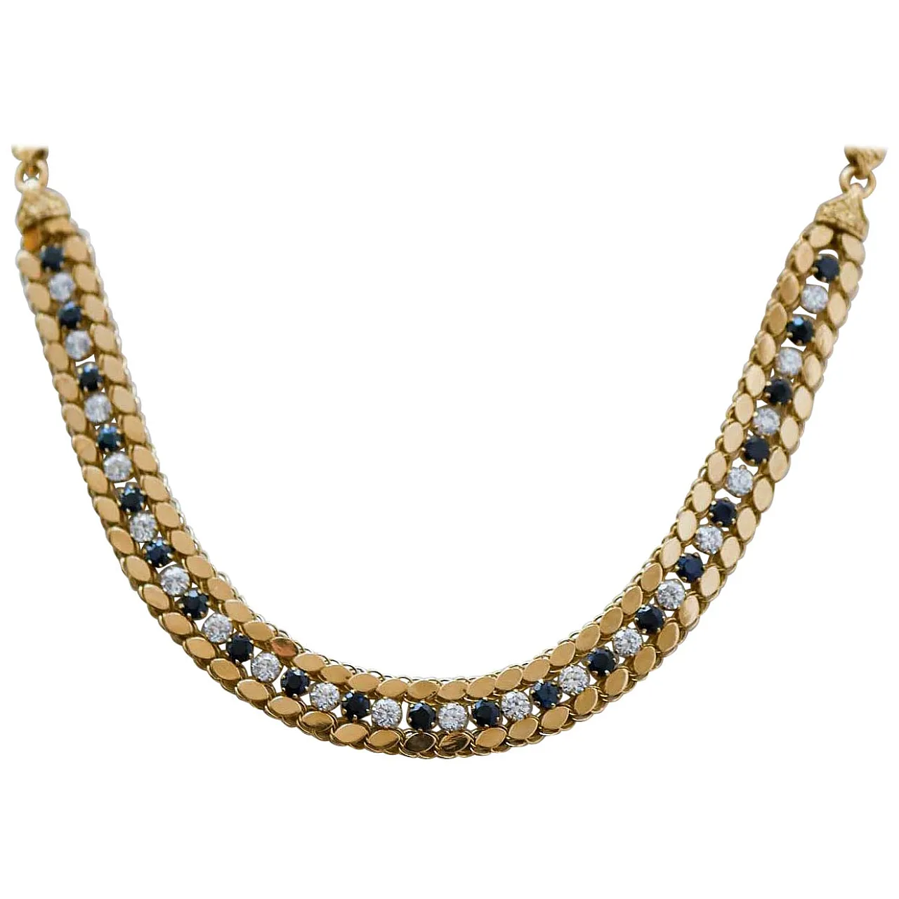 White and blue stones, 18 karat yellow gold necklace, 1950s 1