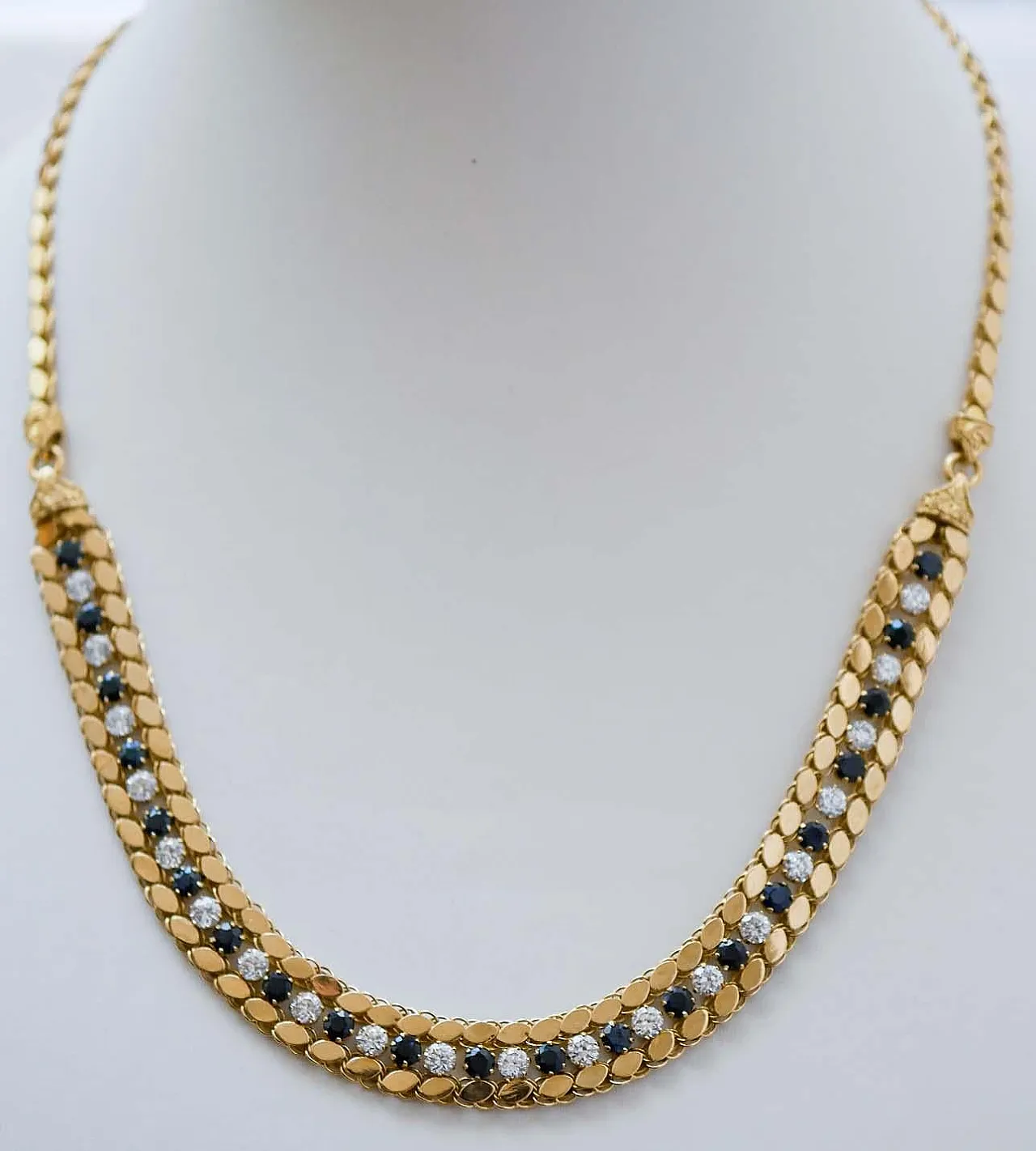 White and blue stones, 18 karat yellow gold necklace, 1950s 2