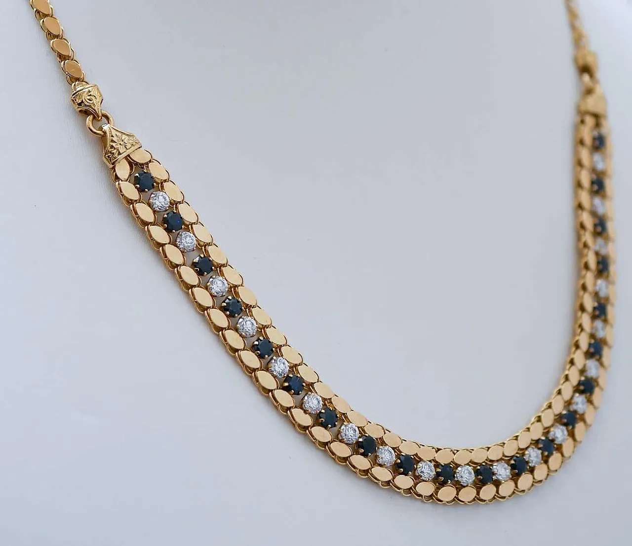 White and blue stones, 18 karat yellow gold necklace, 1950s 3