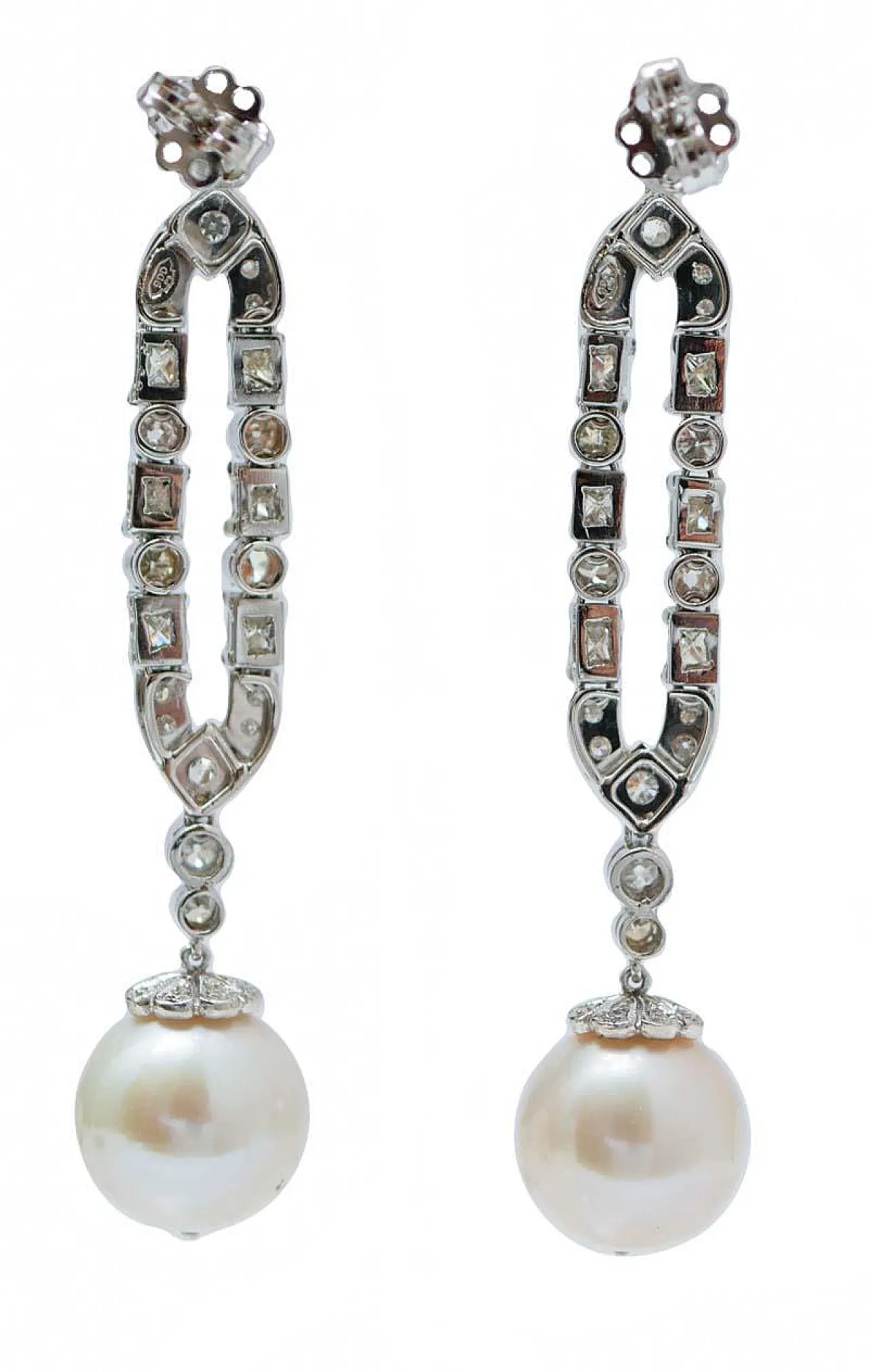 White pearls, diamonds, platinum earrings, 1970s 3