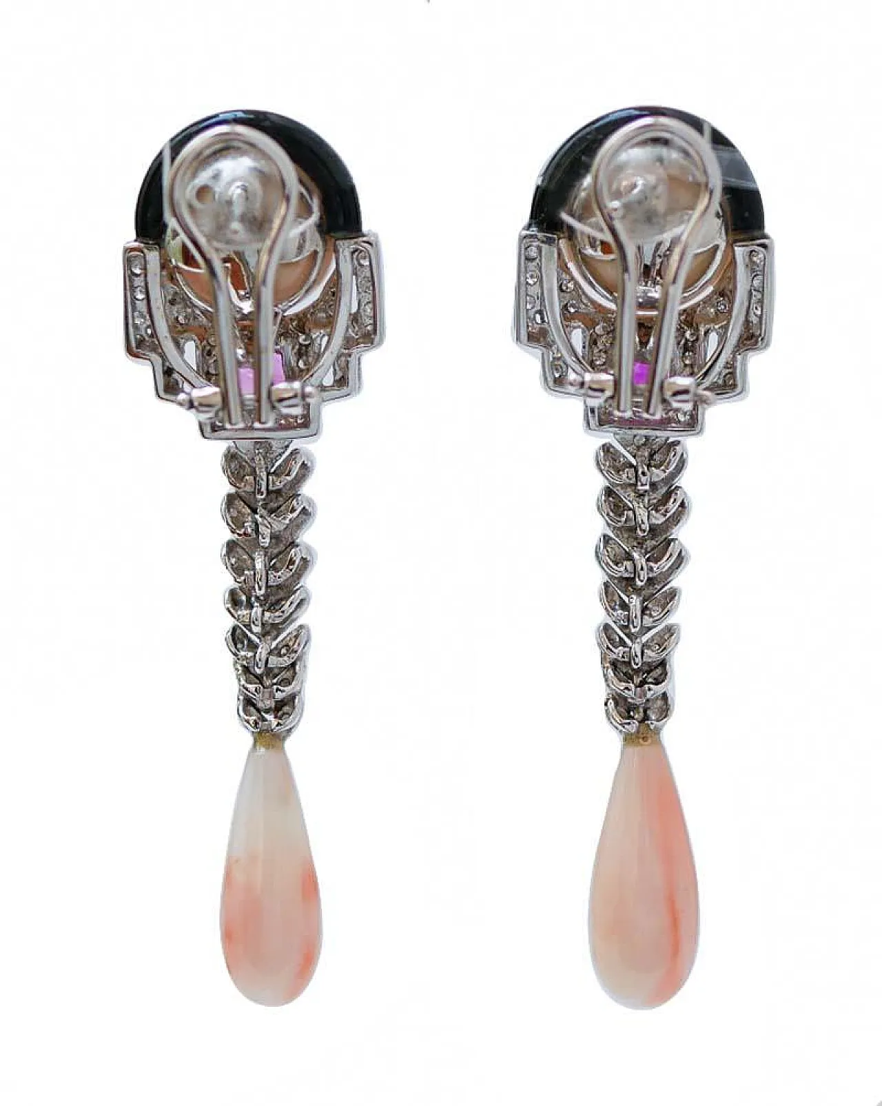 Coral, onyx, rubies, diamonds, white gold earrings, 2000s 3