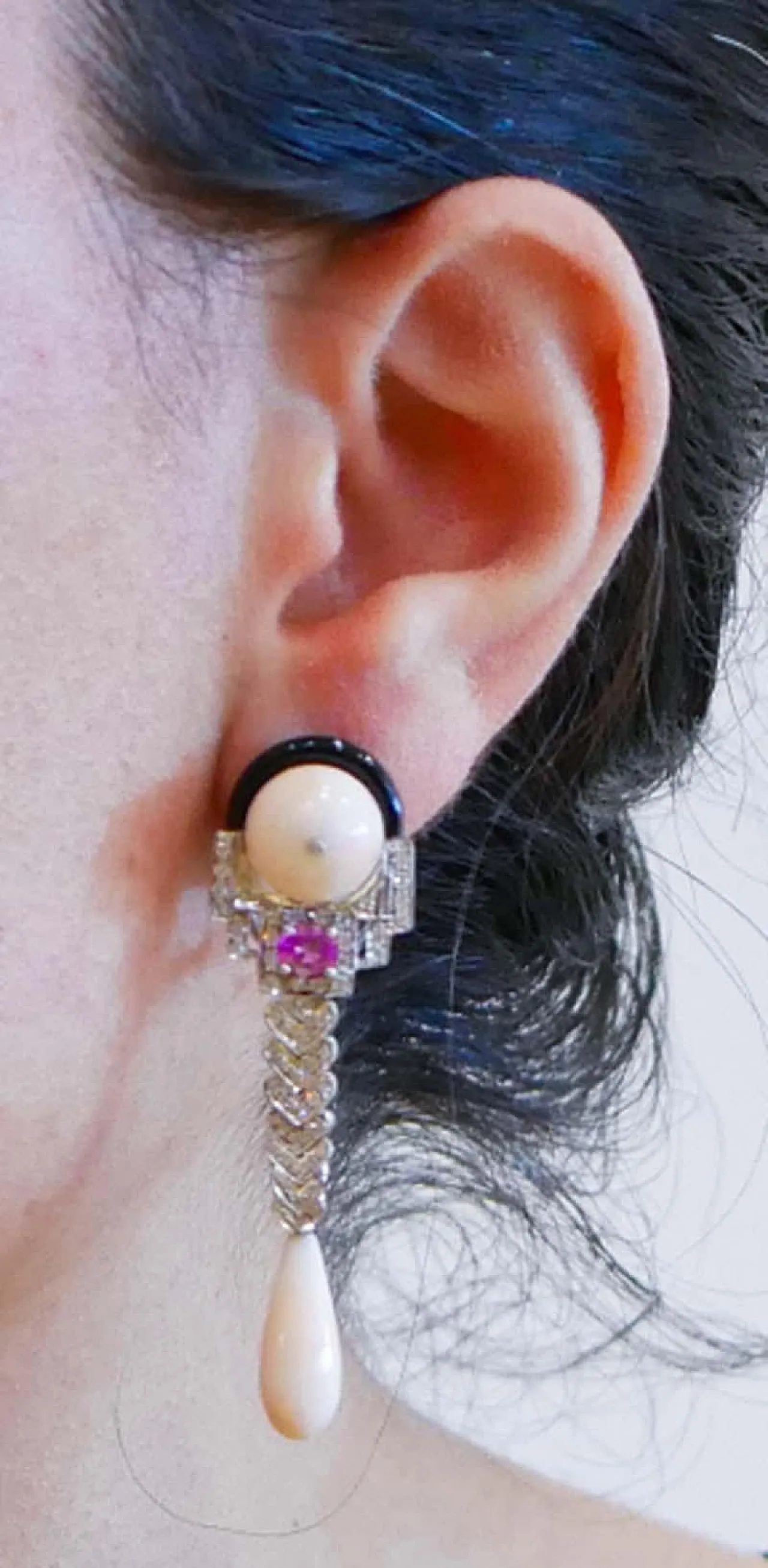 Coral, onyx, rubies, diamonds, white gold earrings, 2000s 5