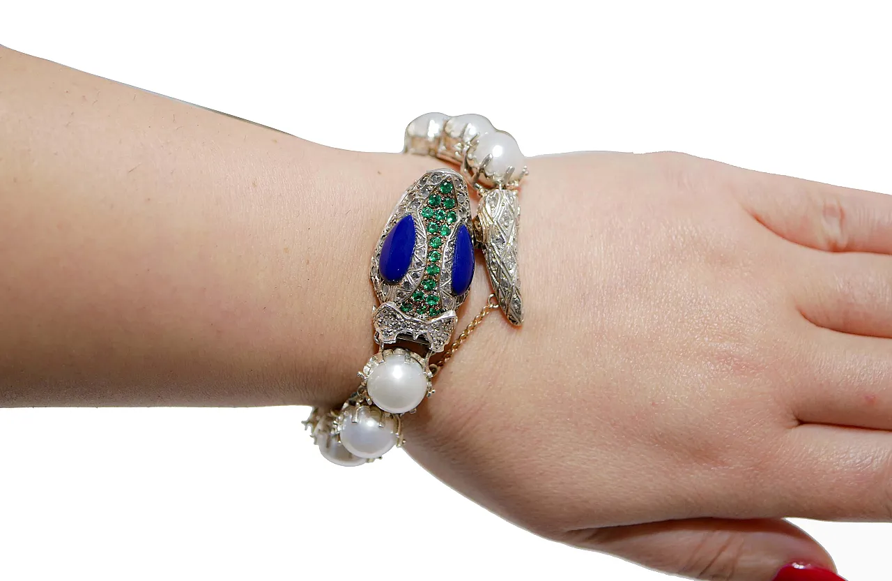 Spinel, diamonds, pearls, lapis, rose gold and silver bracelet, 1960s 4