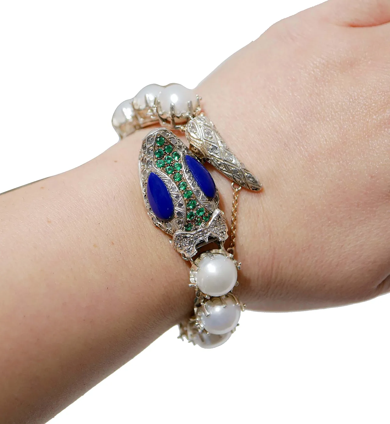 Bracciale con spinello, diamanti, perle, lapis, oro e argento, anni 60 5