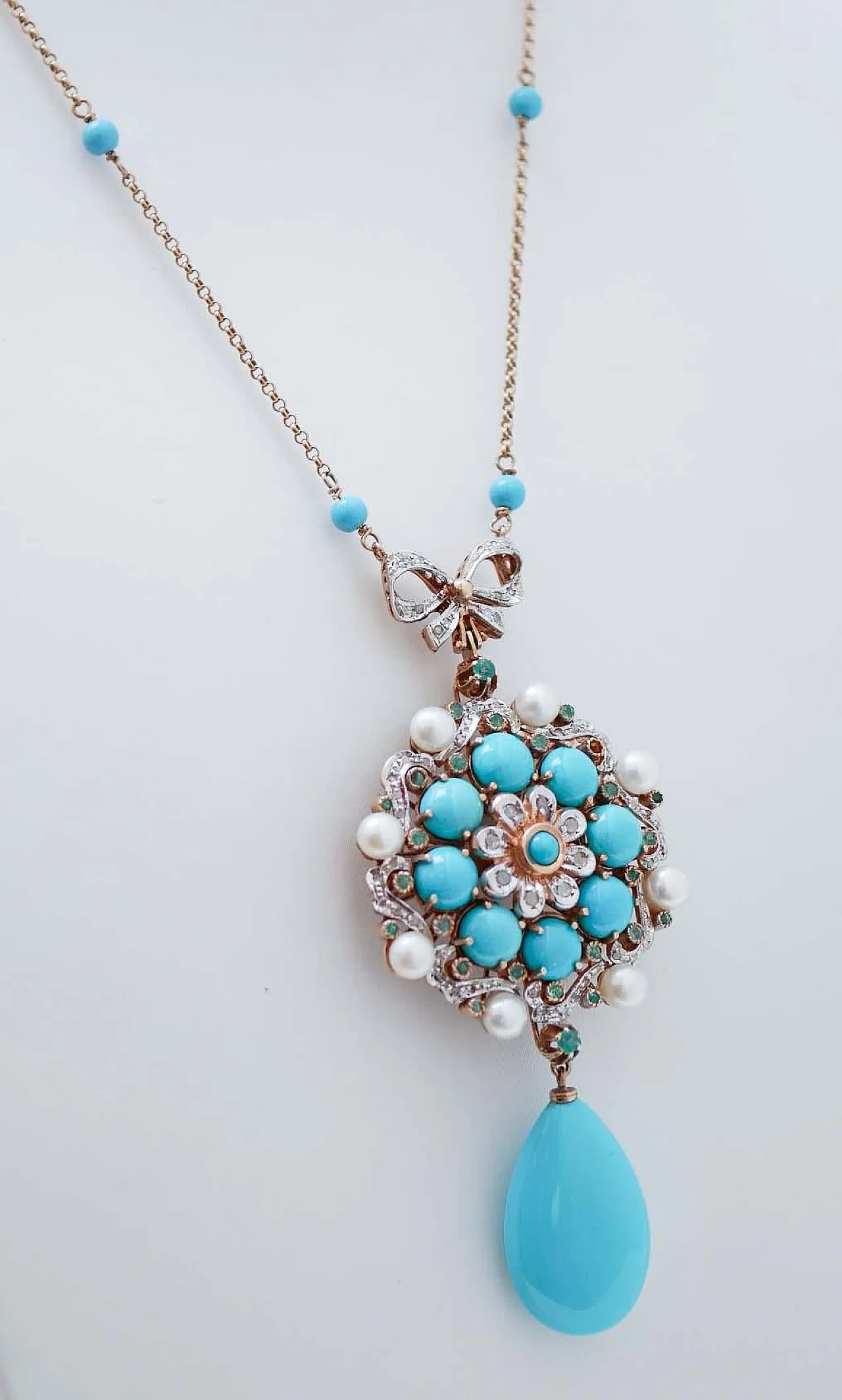 Necklace in turquoise, pearls, emeralds, diamonds, 1970s 3