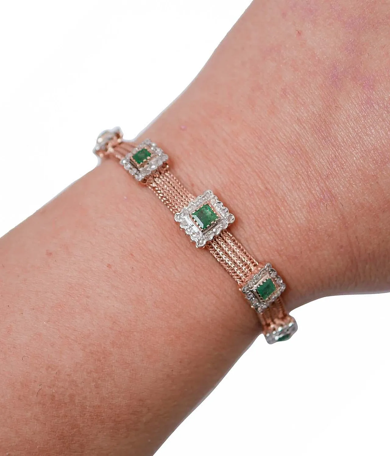 Bracciale in argento, oro rosa, smeraldi e diamanti, anni '50 5