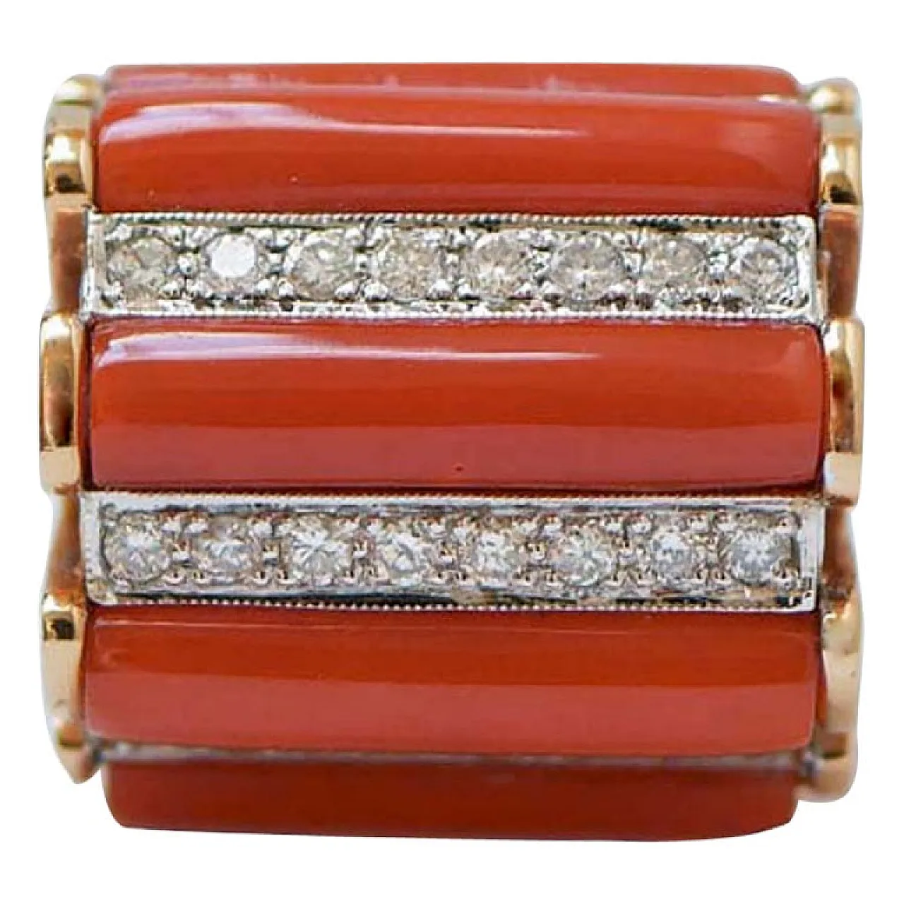 Coral, diamonds, 14 karat rose gold ring, 1950s 1