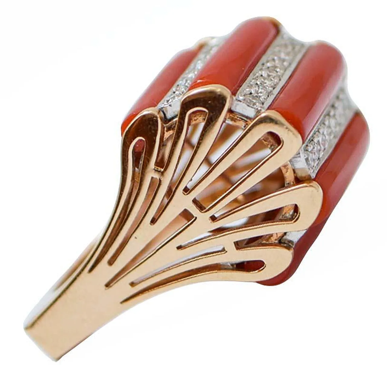 Coral, diamonds, 14 karat rose gold ring, 1950s 2