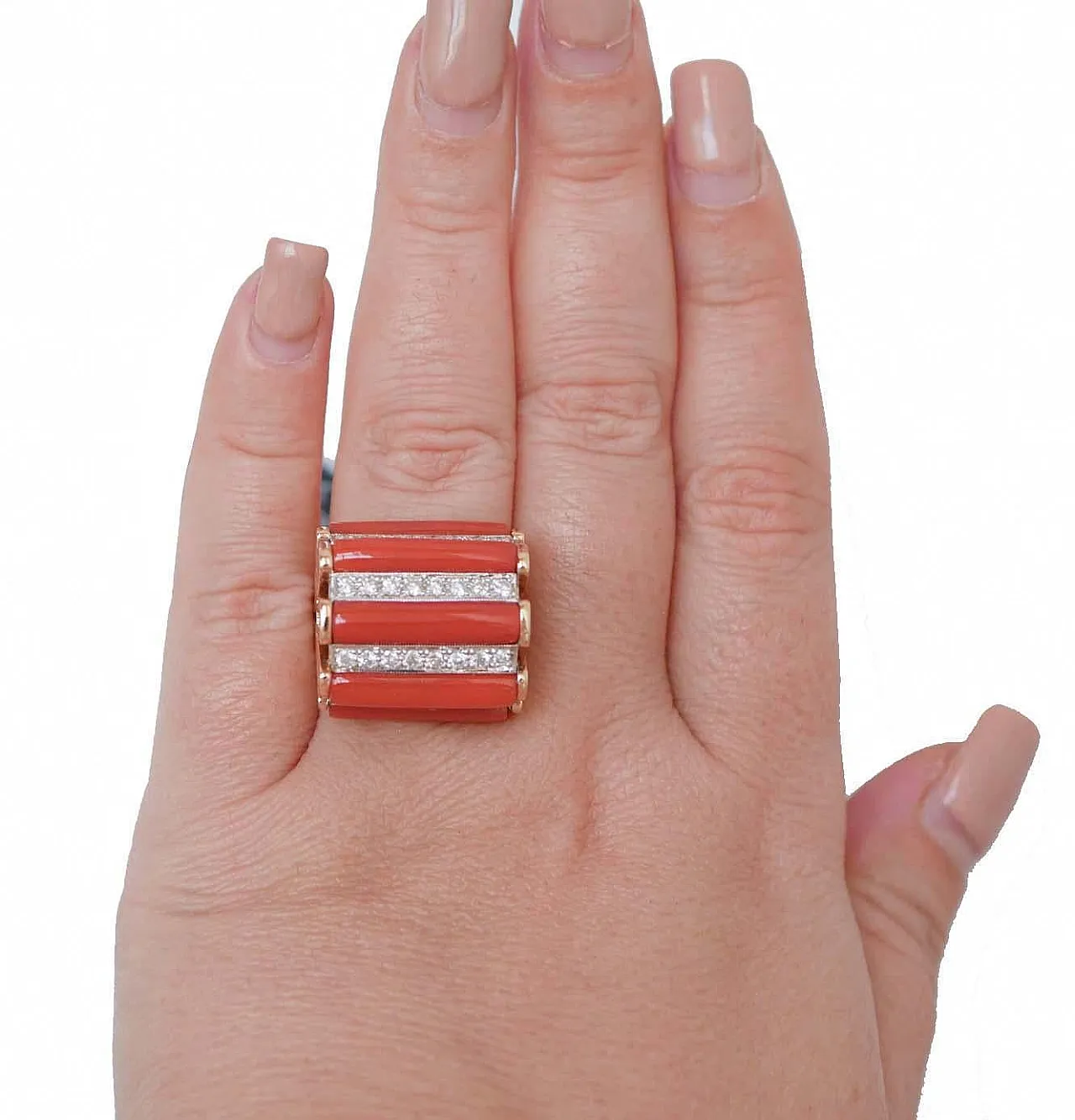 Coral, diamonds, 14 karat rose gold ring, 1950s 4