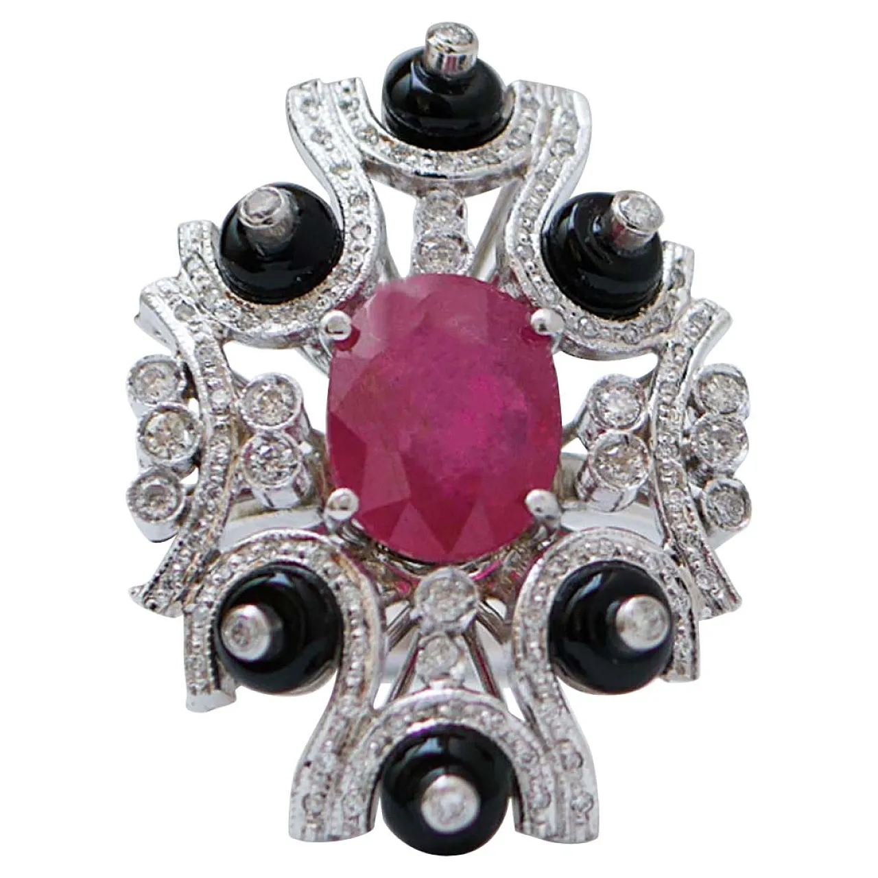 Ruby, onyx, diamonds, platinum ring, 1970s 1