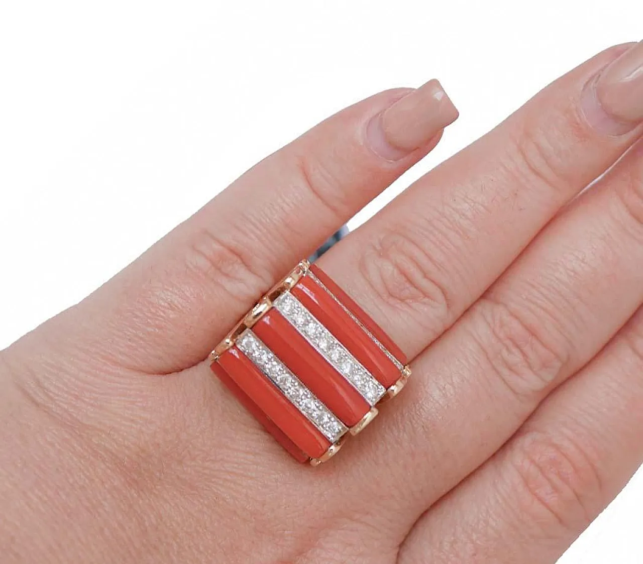 Coral, diamonds, 14 karat rose gold ring, 1950s 5