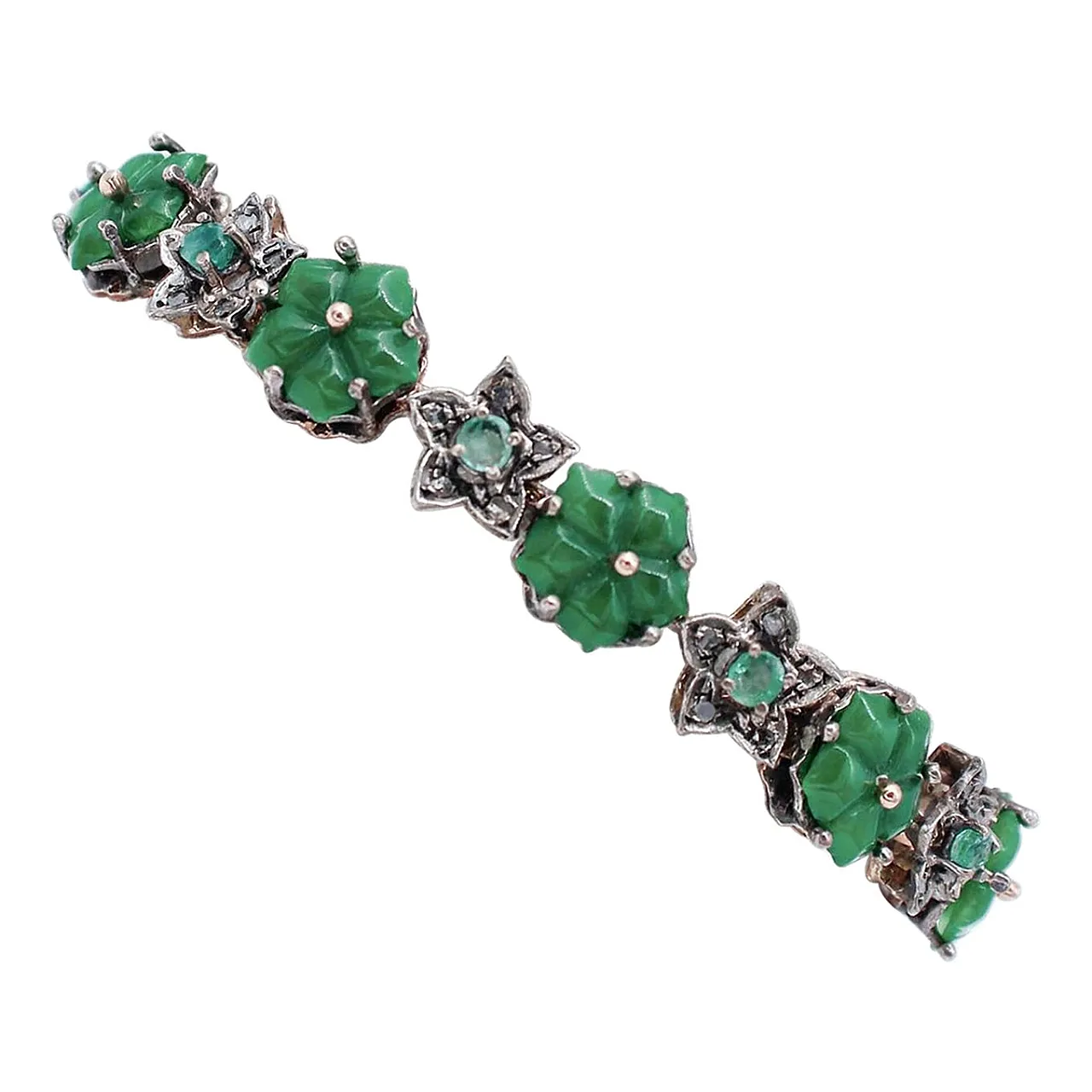 Silver bracelet with agate flowers, emeralds, diamonds, gold, 1960s 1