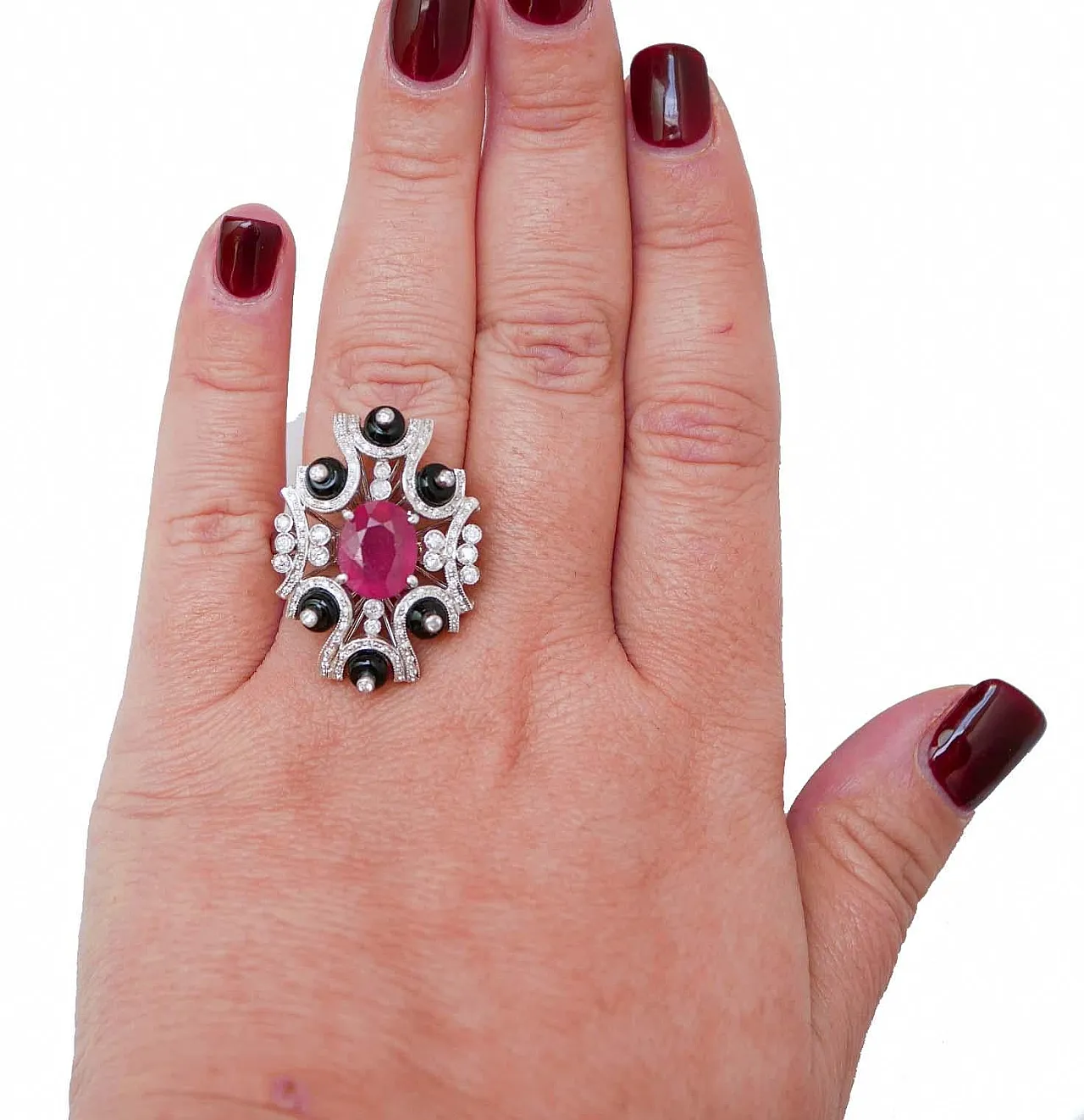 Ruby, onyx, diamonds, platinum ring, 1970s 4