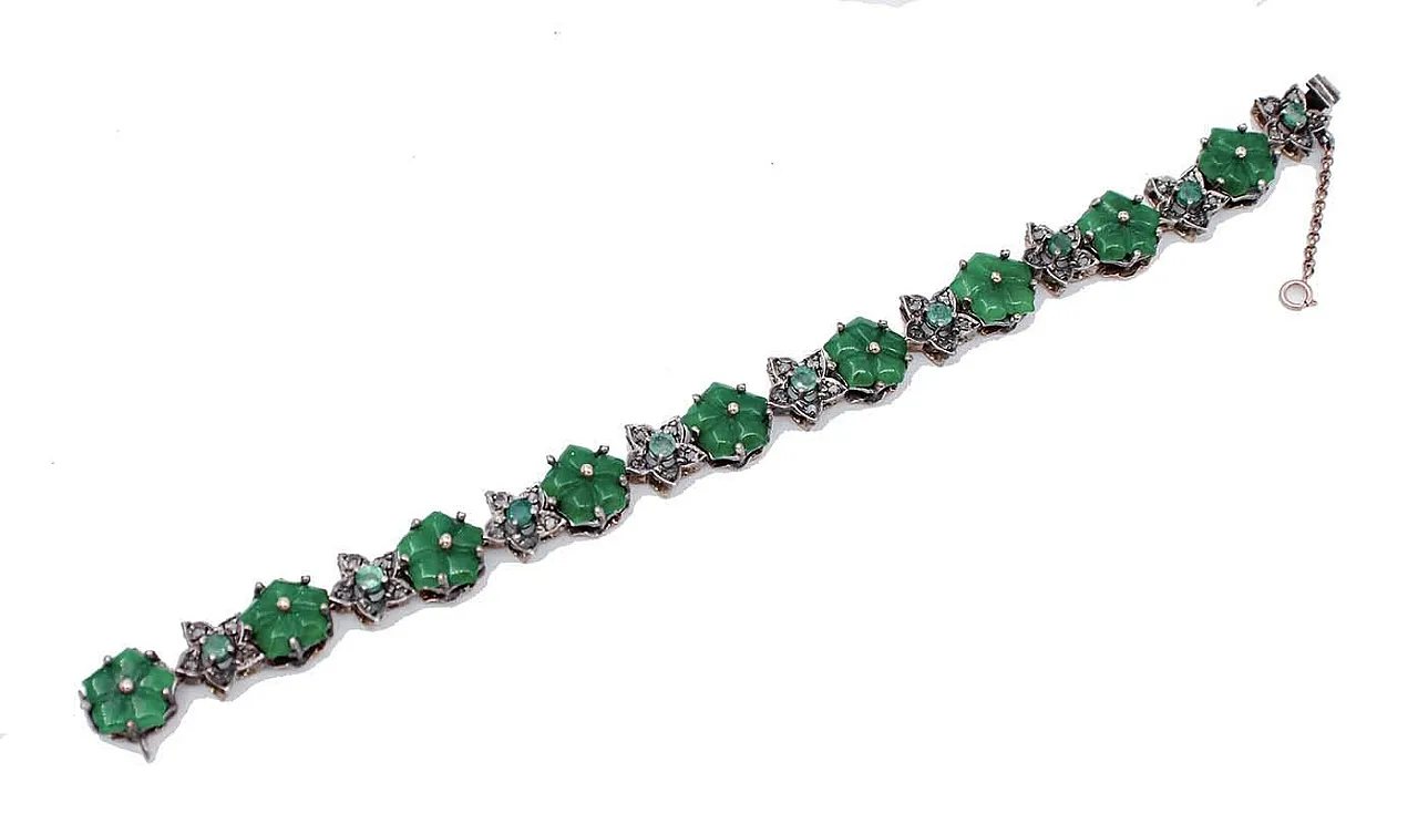 Silver bracelet with agate flowers, emeralds, diamonds, gold, 1960s 2