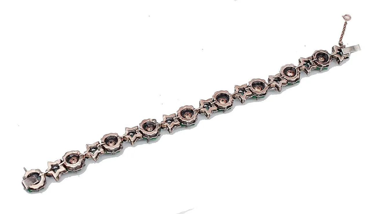 Bracciale argento con fiori di agata, smeraldi, diamanti, oro, anni 60 3