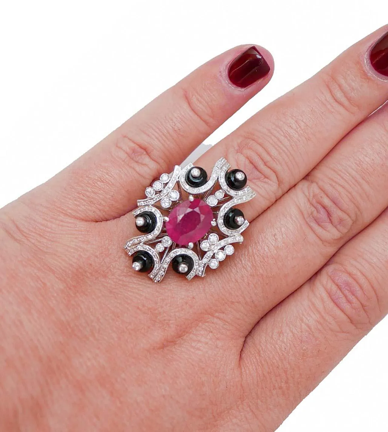 Ruby, onyx, diamonds, platinum ring, 1970s 5