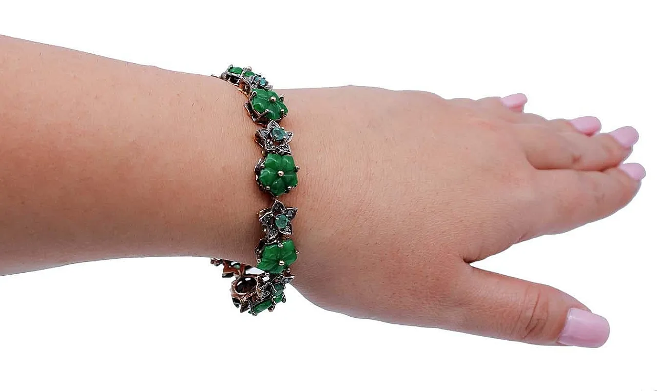 Silver bracelet with agate flowers, emeralds, diamonds, gold, 1960s 5