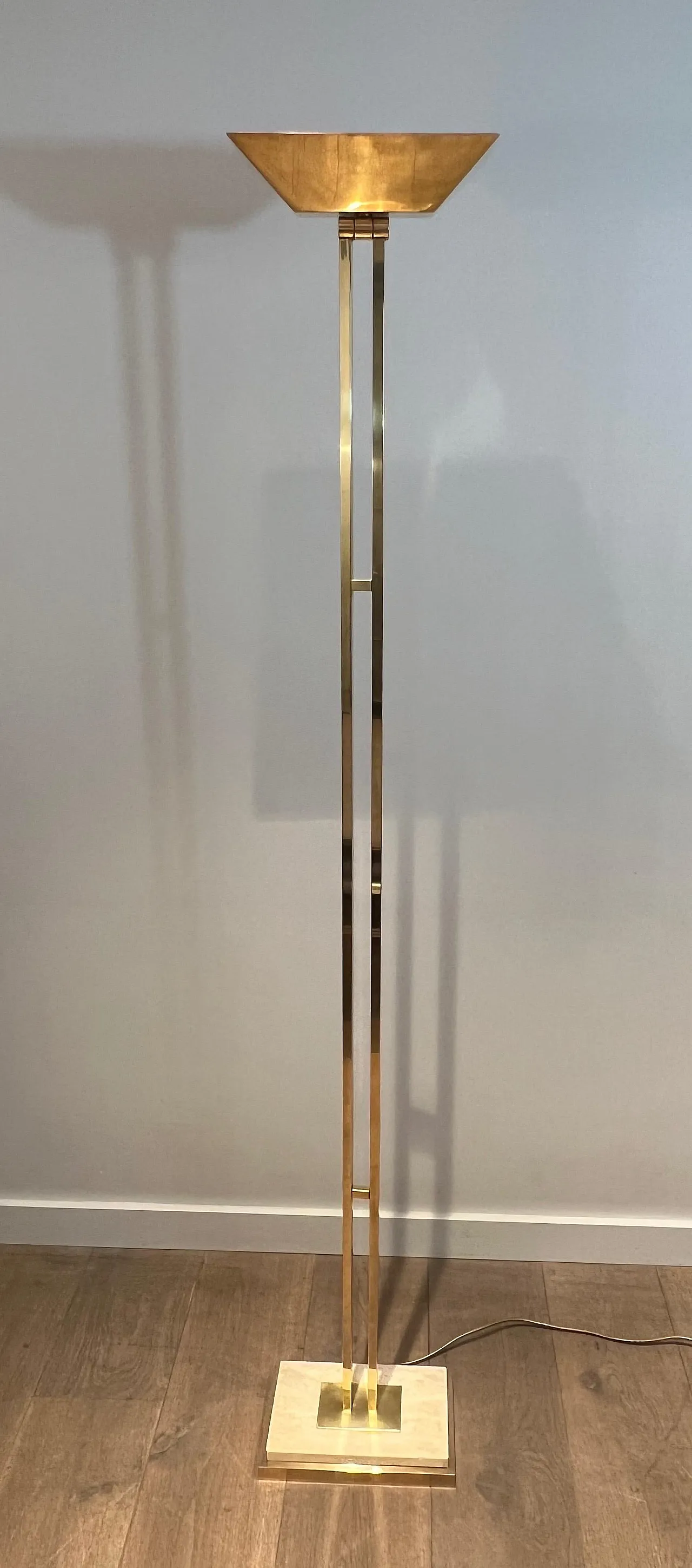 Brass parquet floor lamp on a travertine base, 1970s 2