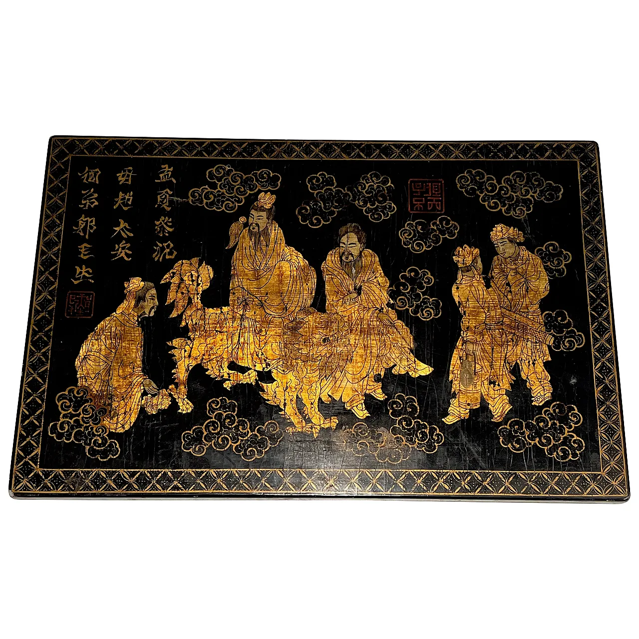 Lacquered and gilded painting with Chinese decorations, 1970s 1