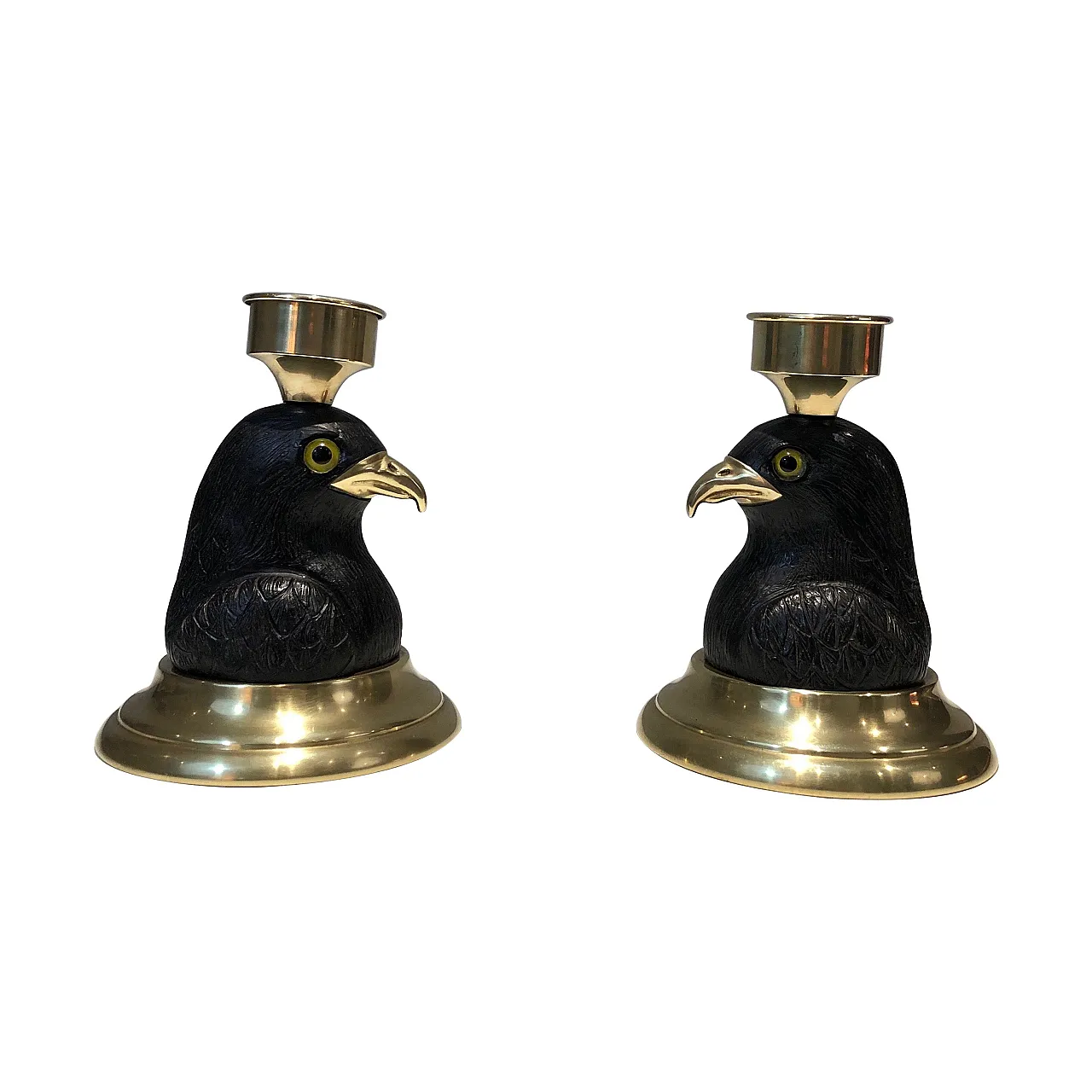 Pair of candlesticks in wood, brass and glass, 1970s 1