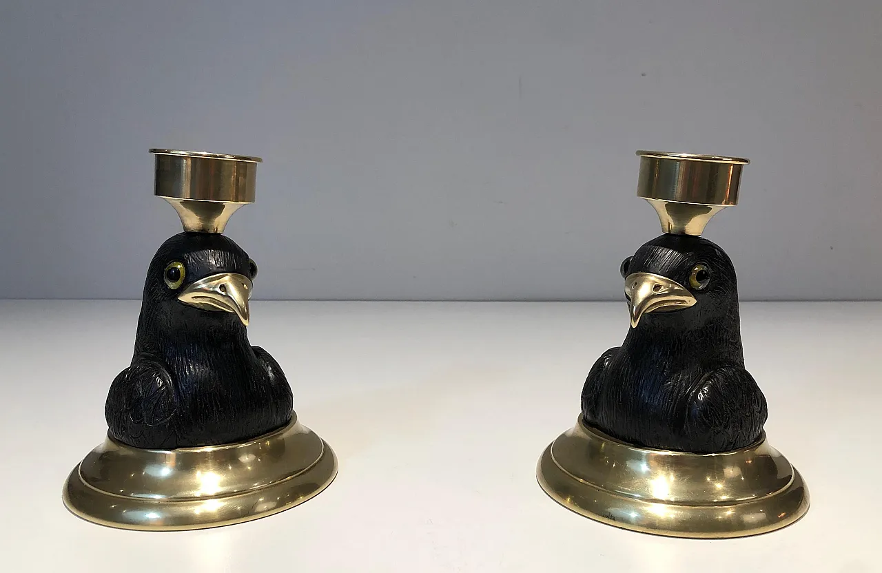 Pair of candlesticks in wood, brass and glass, 1970s 2