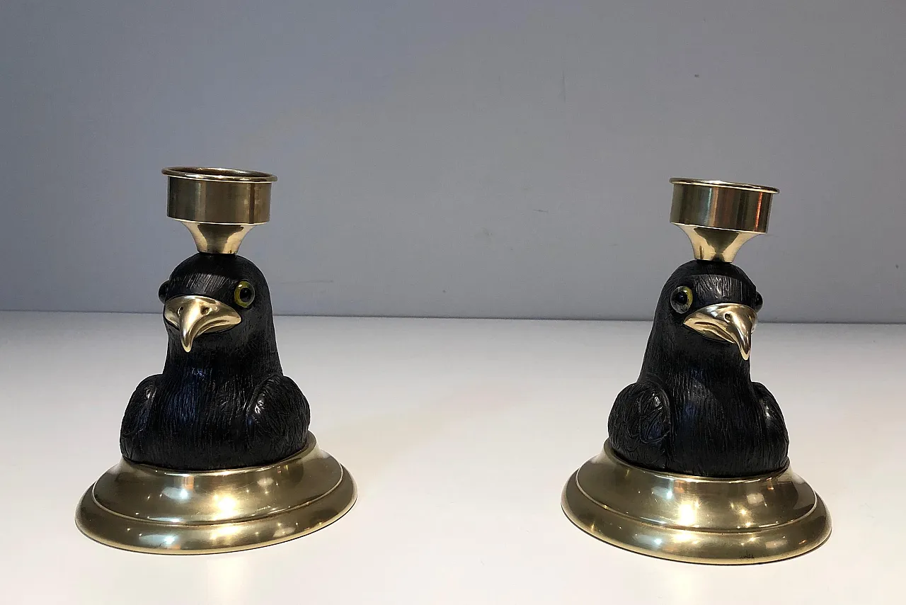 Pair of candlesticks in wood, brass and glass, 1970s 3