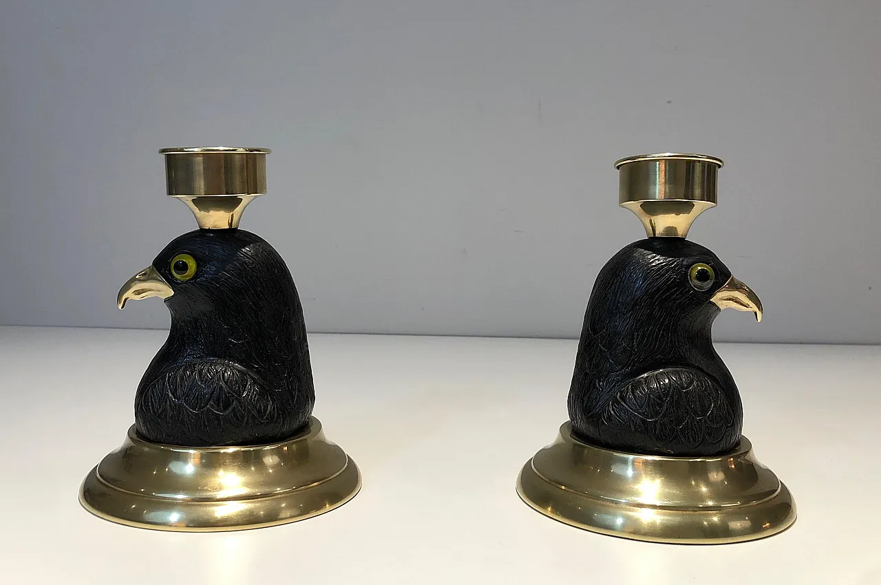 Pair of candlesticks in wood, brass and glass, 1970s 10