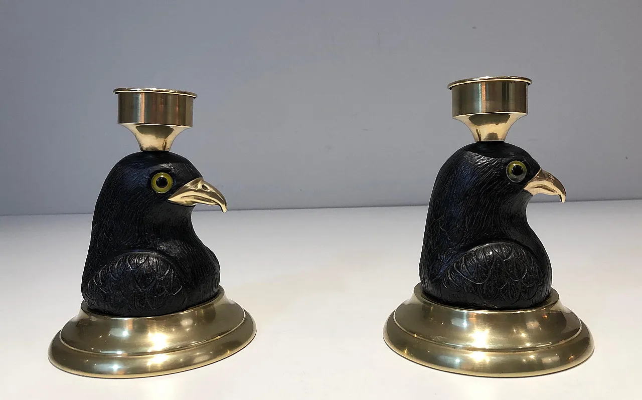 Pair of candlesticks in wood, brass and glass, 1970s 11