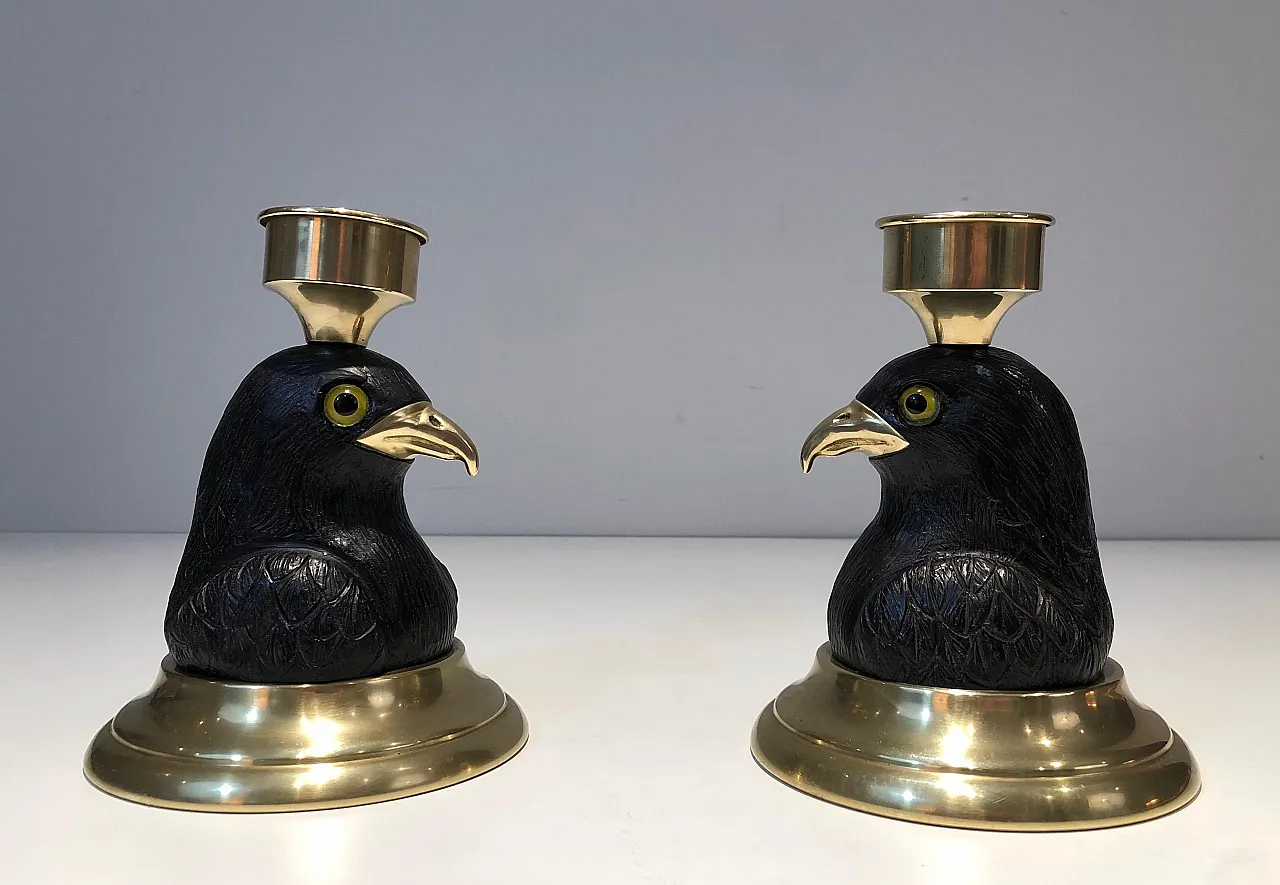 Pair of candlesticks in wood, brass and glass, 1970s 12