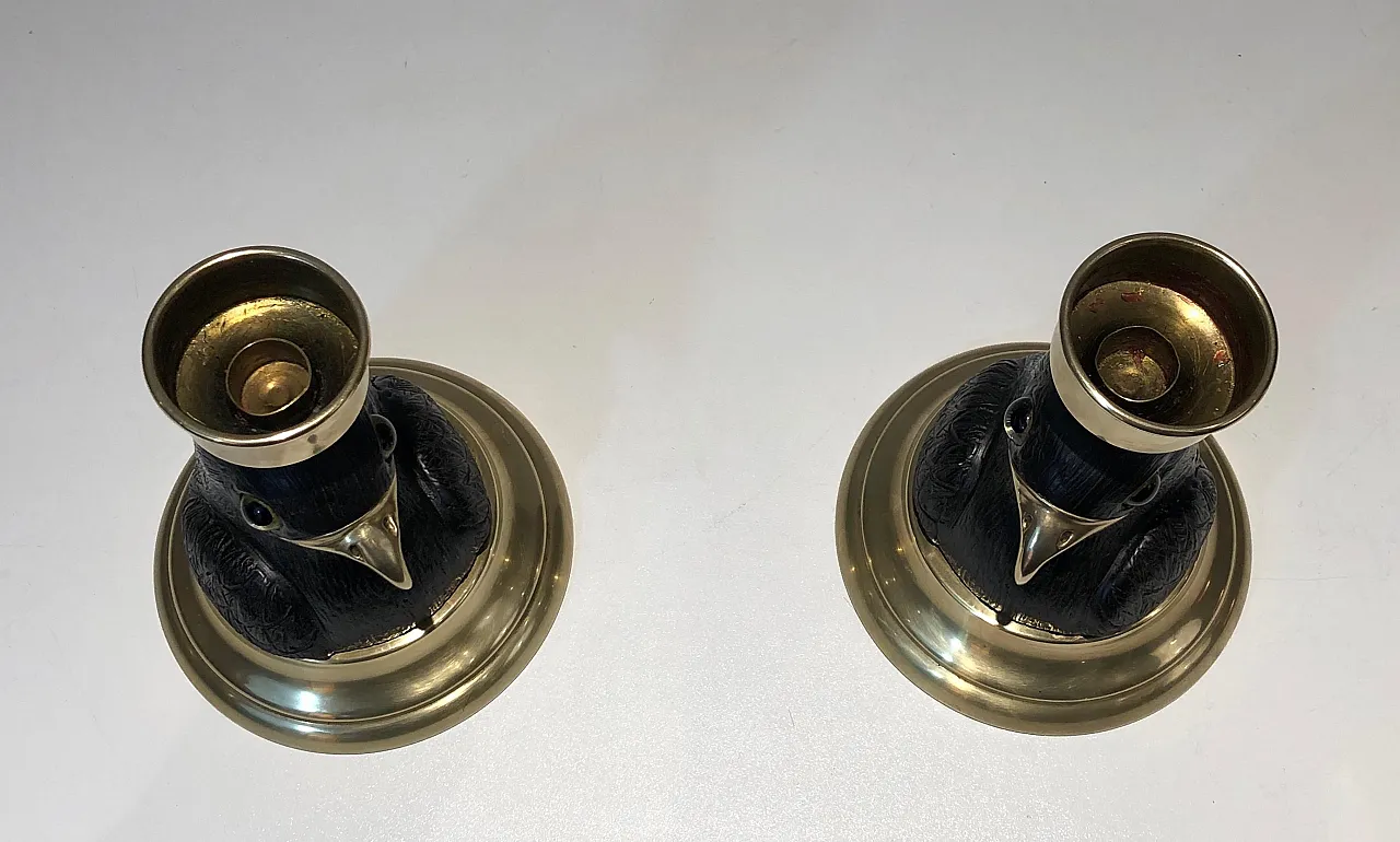 Pair of candlesticks in wood, brass and glass, 1970s 13