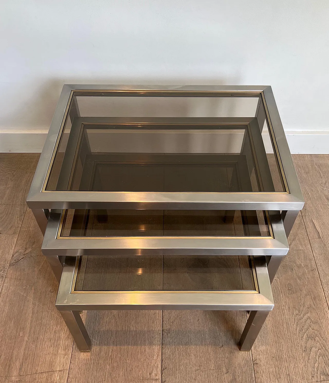 3 Brass and brushed steel nesting tables, 1970s 5