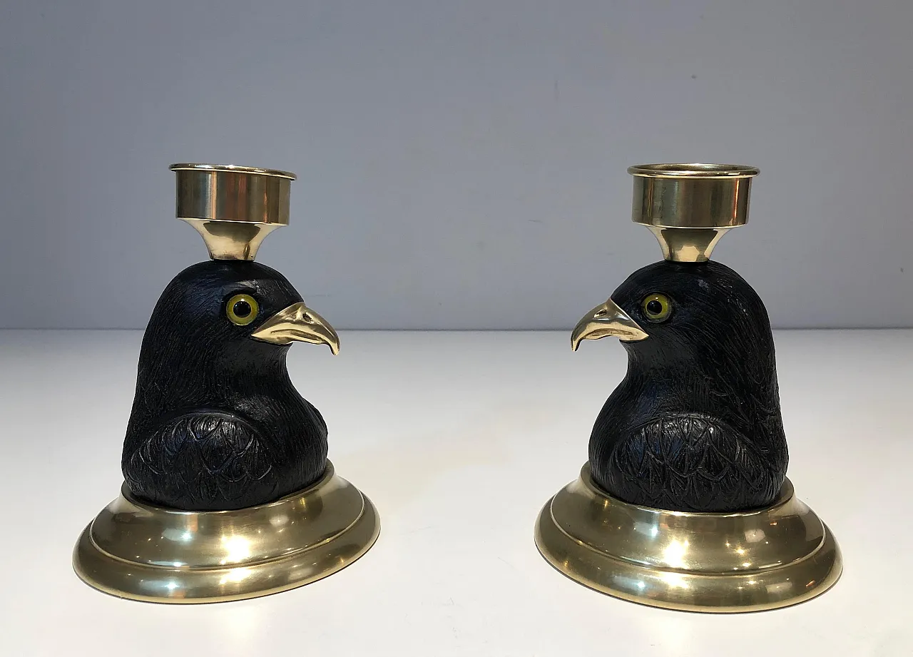 Pair of candlesticks in wood, brass and glass, 1970s 20