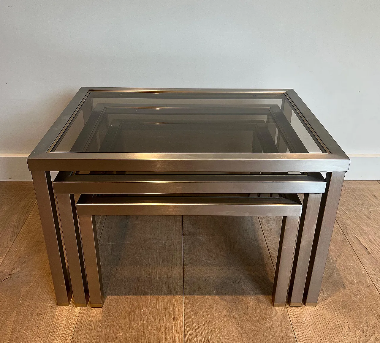 3 Brass and brushed steel nesting tables, 1970s 6