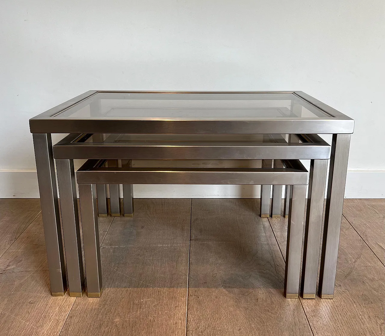 3 Brass and brushed steel nesting tables, 1970s 7