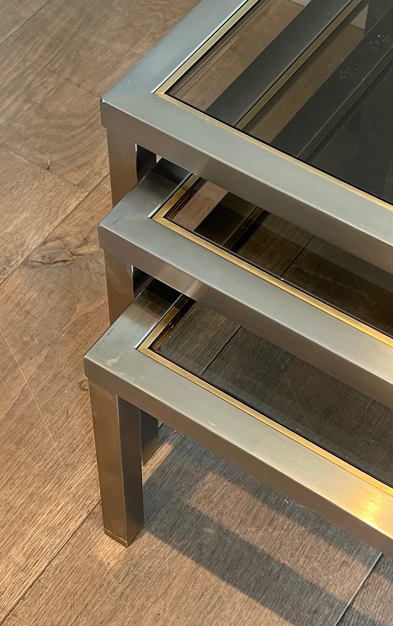 3 Brass and brushed steel nesting tables, 1970s 8