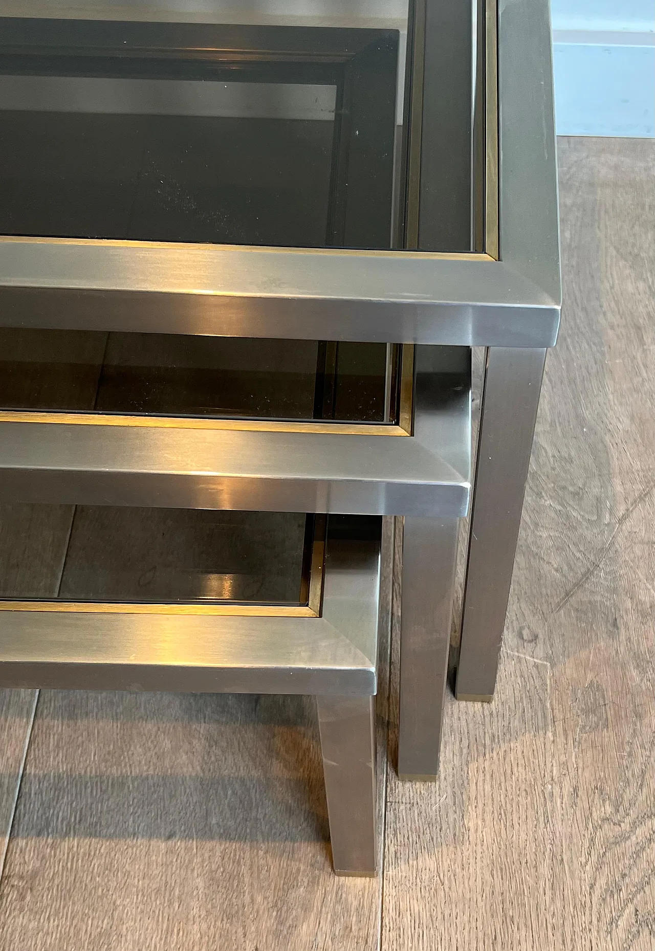 3 Brass and brushed steel nesting tables, 1970s 9