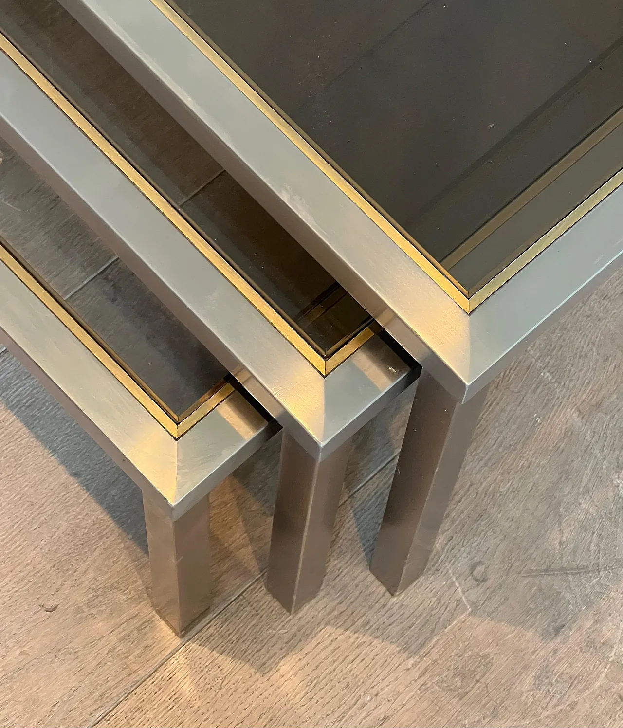 3 Brass and brushed steel nesting tables, 1970s 10