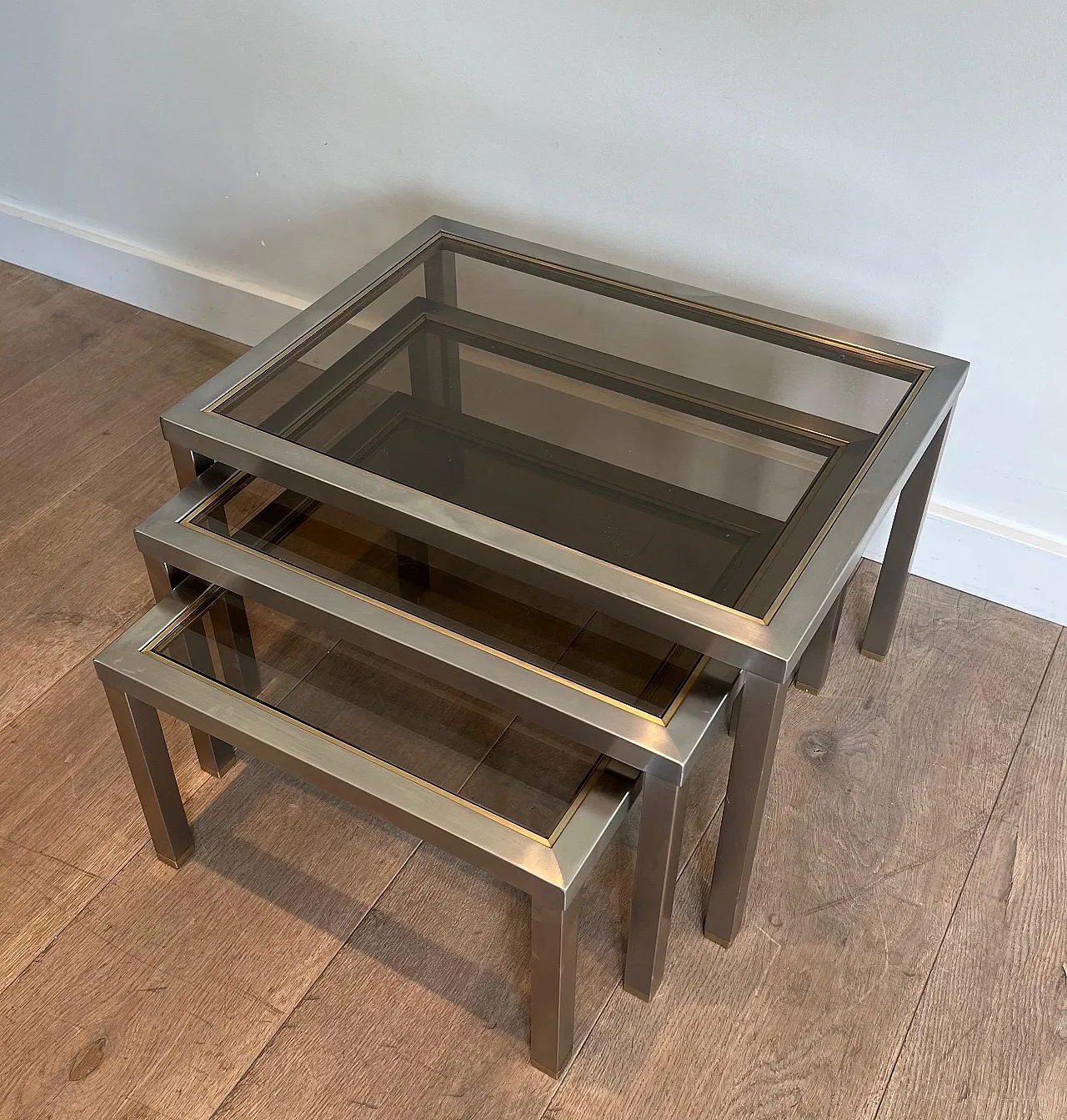 3 Brass and brushed steel nesting tables, 1970s 12