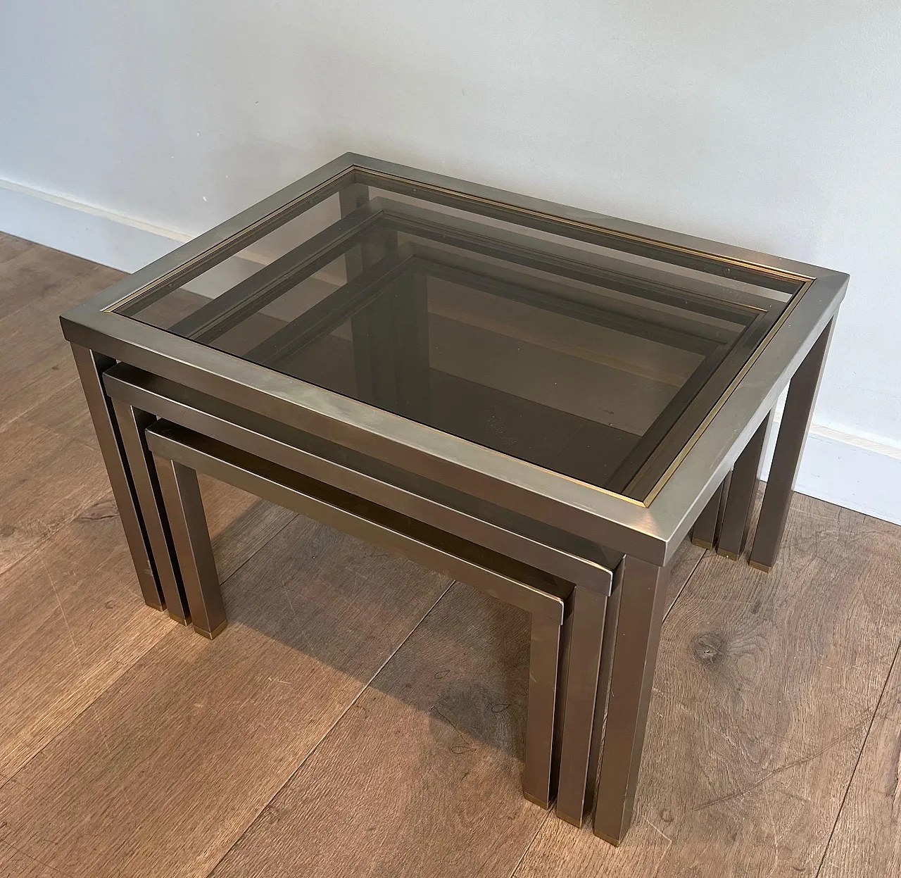 3 Brass and brushed steel nesting tables, 1970s 13