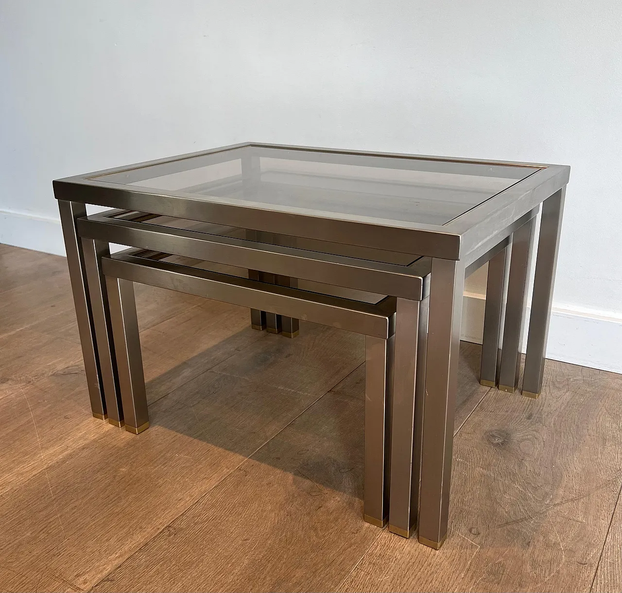 3 Brass and brushed steel nesting tables, 1970s 14