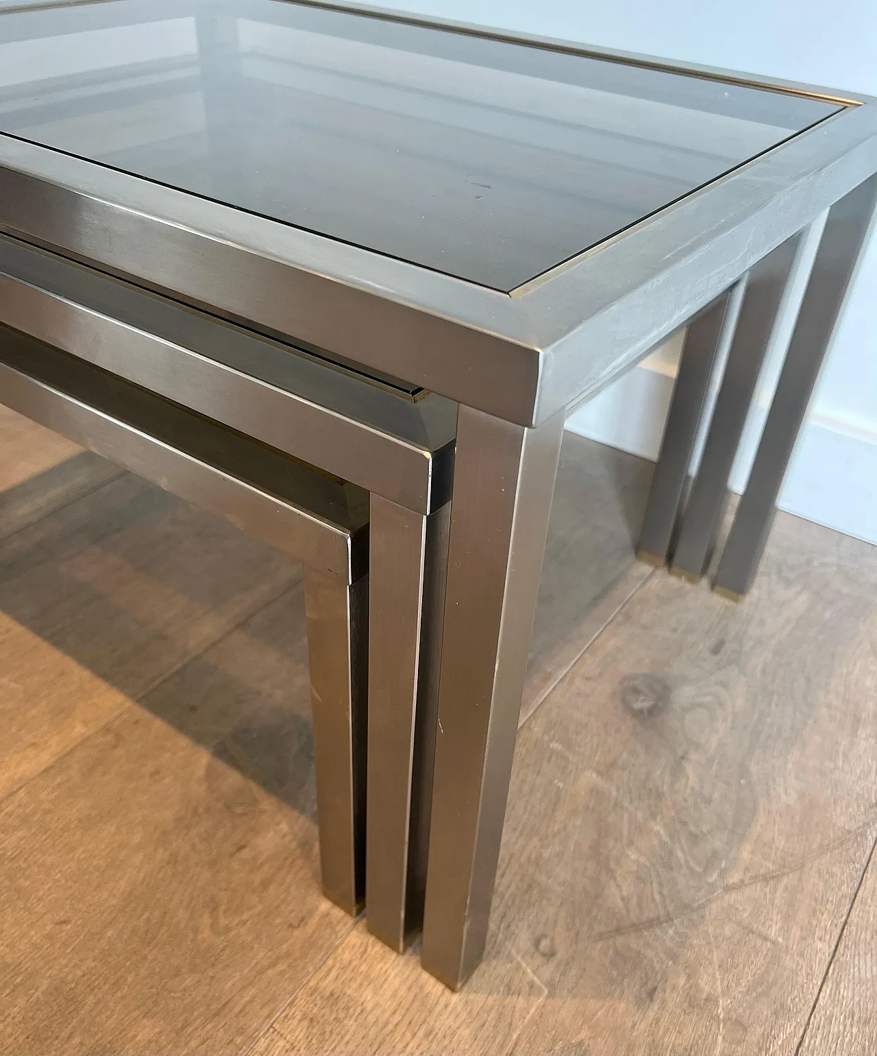 3 Brass and brushed steel nesting tables, 1970s 15