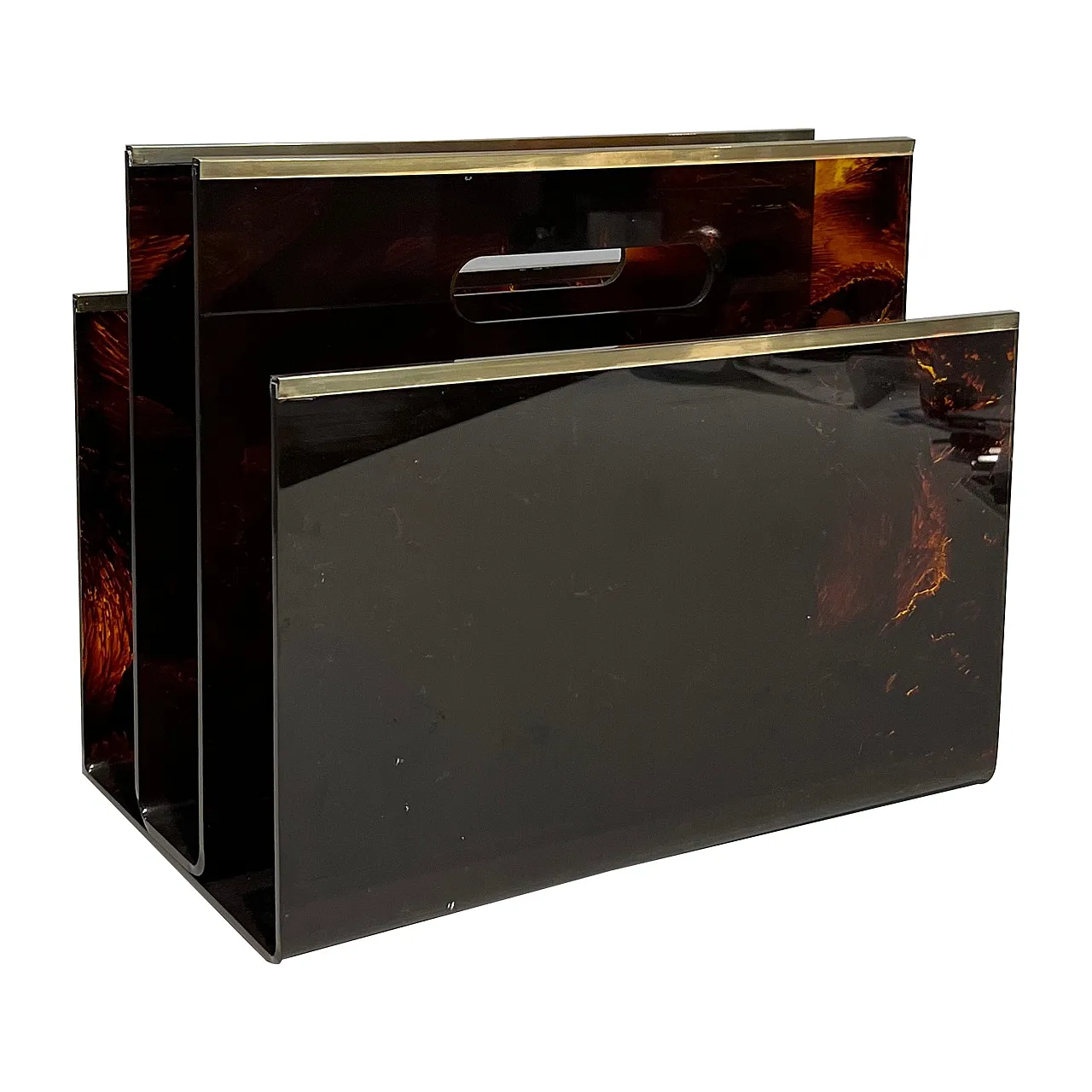 Plexiglass, brass and imitation tortoiseshell magazine rack, 1970s 1