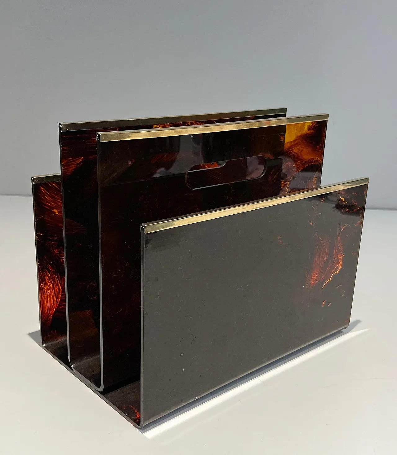 Plexiglass, brass and imitation tortoiseshell magazine rack, 1970s 2