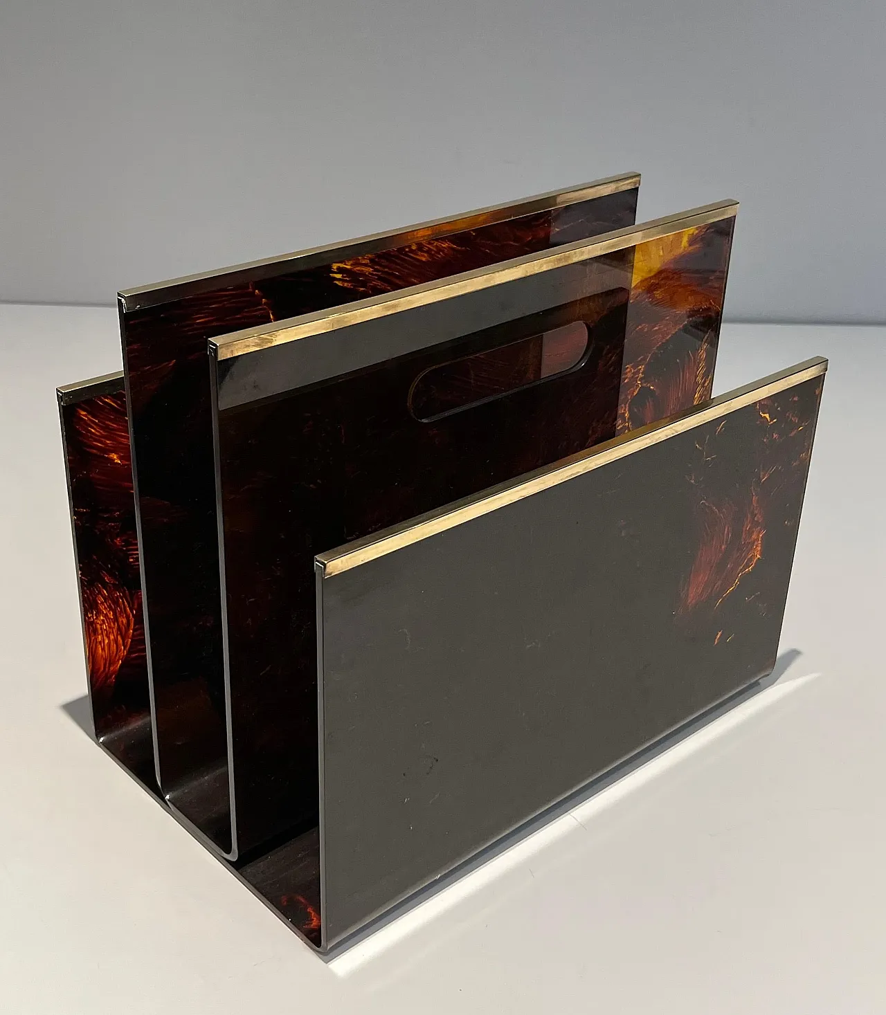 Plexiglass, brass and imitation tortoiseshell magazine rack, 1970s 3