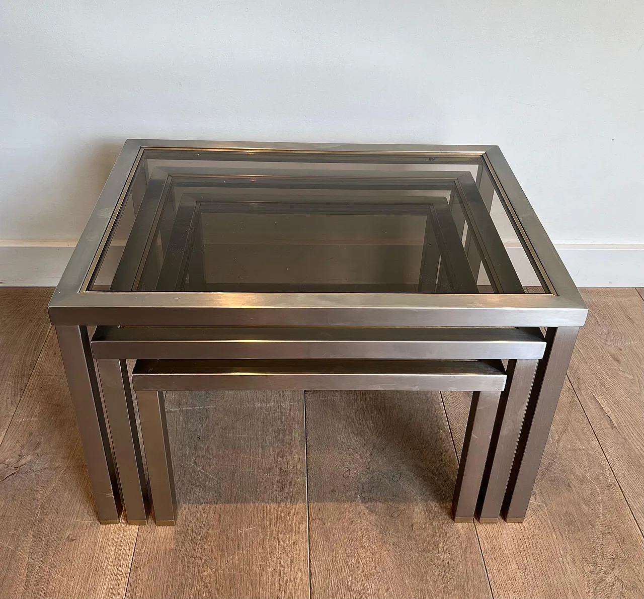 3 Brass and brushed steel nesting tables, 1970s 20