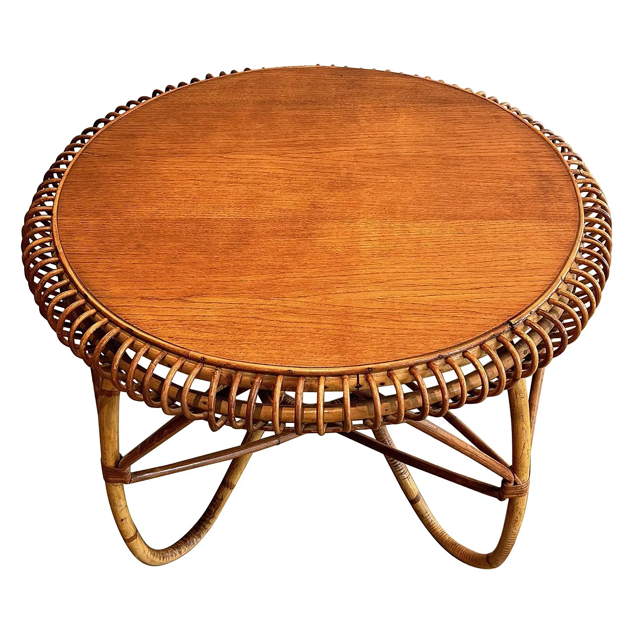 Round rattan and wood coffee table, 1950s 1